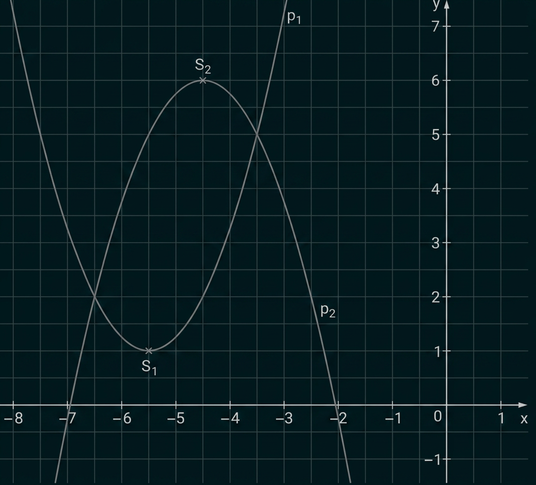 Koordinatensystem mit zwei Parabeln p₁ und p₂ sowie den Scheitelpunkten S₁ und S₂.